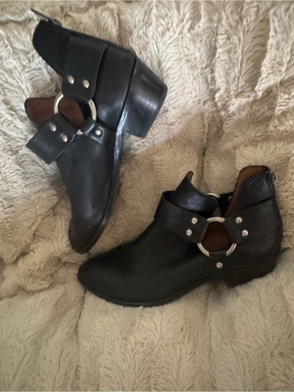 Frye Black Leather Ankle Booties with Silver Ring Detail